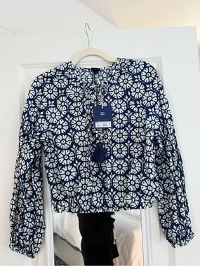 Target Navy and White Printed Peasant Blouse with Tassel Tie